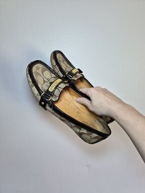 Coach Khaki Signature Canvas Loafers with Brown Patent Trim Shoes Flats